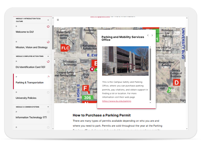Showcasing the marker and labeled graphic functionality by using the DU campus map