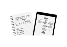 Project management thumbnail showing a flowchart in a computer and also a paper notepad with a handwritten timeline.