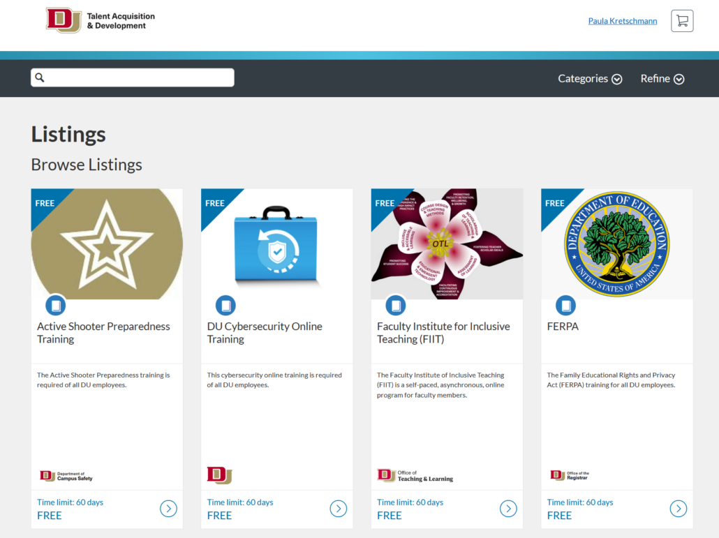 Screenshot of the DU Learn platform, showcasing several trainings.