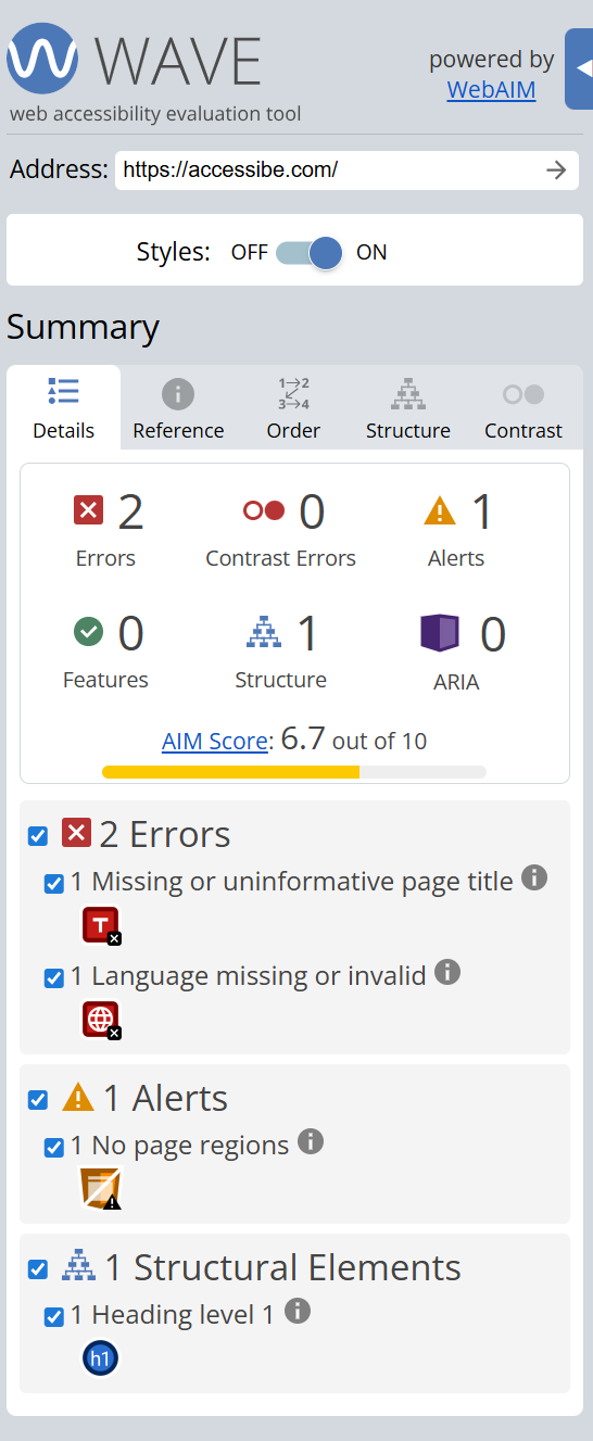WAVE tool while checking a website for accessibility. 